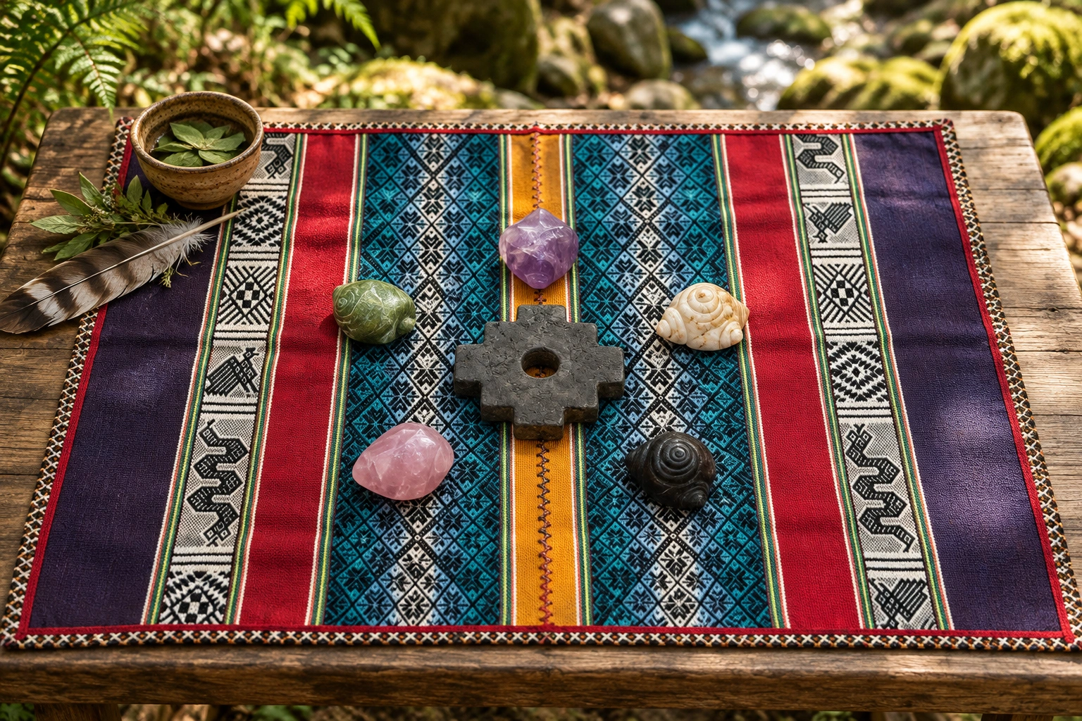 Composición artística de una mesa de sanación con mastana andina, kuyas y chakana