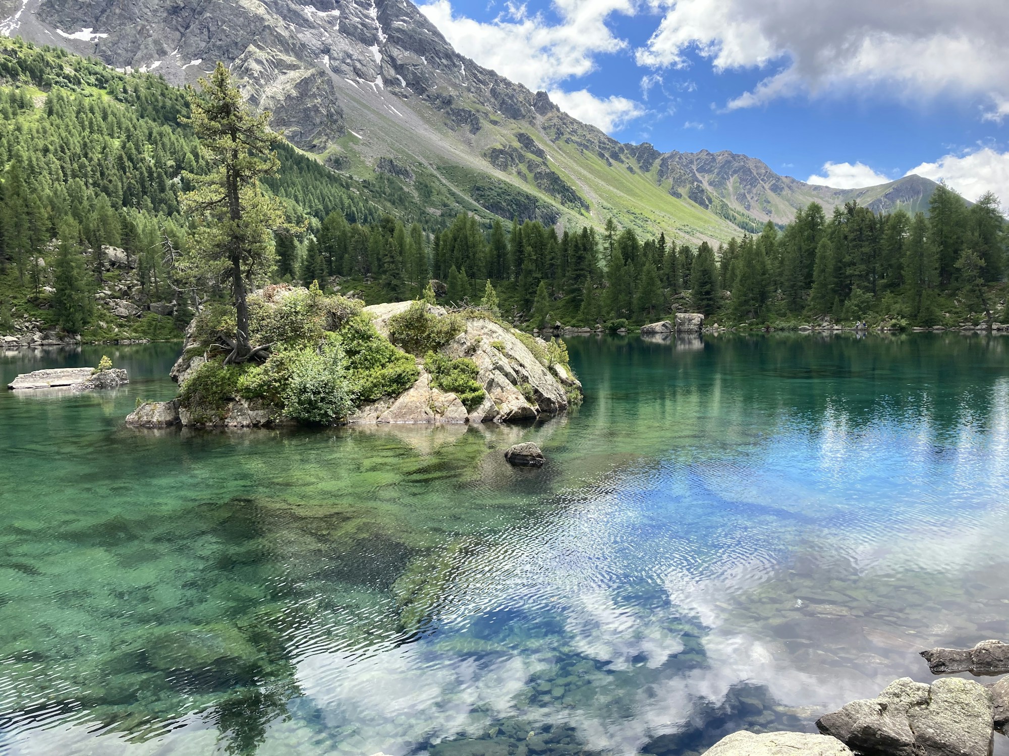Lago de agua cristalina rodeado de bosque y montañas